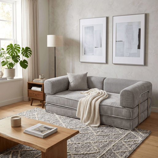 Sofá-cama dobrável Nest de 2 lugares, veludo cotelê cinza claro, 182 cm