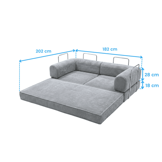 Sofá-cama dobrável Nest de 2 lugares, veludo cotelê cinza claro, 182 cm