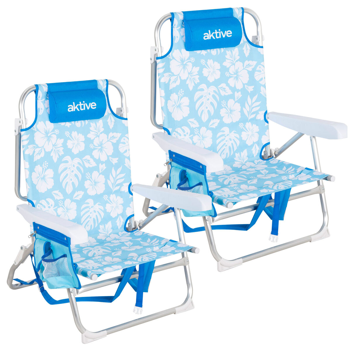 Aktive - Pack 2 sillas playa plegable con mochila y bolsillo Azul Claro