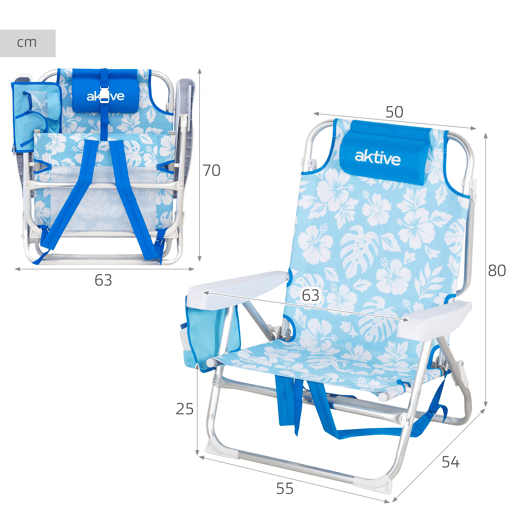 Pack 2 cadeiras de praia médias multiposições 50x54x80 cm com flores e bolsos Pack 2 cadeiras de praia médias multiposições 50x54x80 cm com flores e bolsos