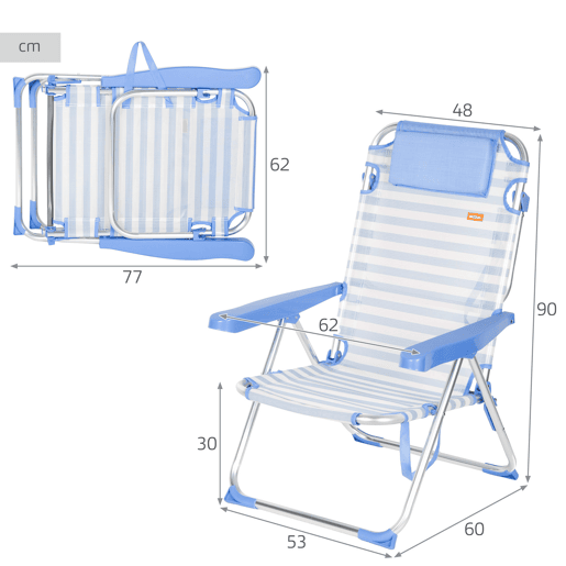 Pack 2 cadeiras de praia altas com múltiplas posições, 48x60x90 cm, listradas