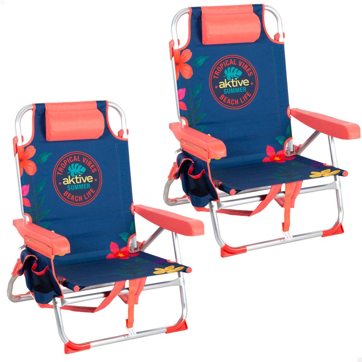 Aktive - Pack 2 sillas playa plegable con mochila y bolsillo Multicolor