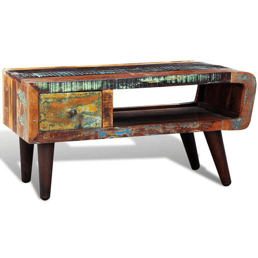 Mesa de Centro, Mesa baixa, com borda curva e 1 gaveta, madeira reciclada