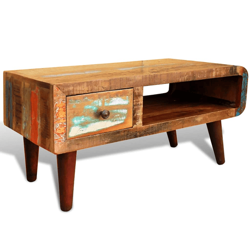 Mesa de Centro, Mesa baixa, com borda curva e 1 gaveta, madeira reciclada