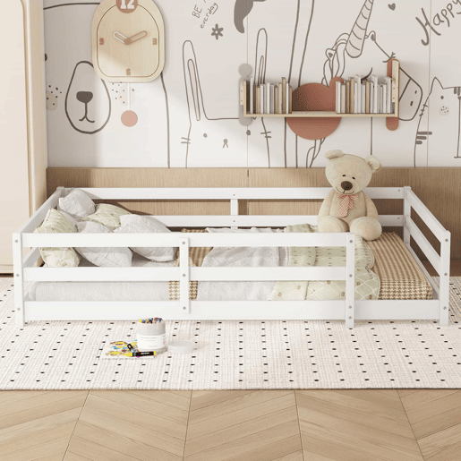 Cama infantil Montessori 140 x 200 cm - com grades nas quatro laterais, não requer base, madeira de pinho, montagem fácil - branca