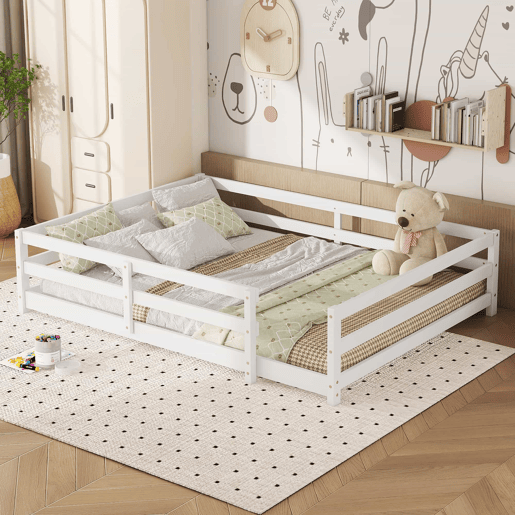 Cama infantil Montessori 140 x 200 cm - com grades nas quatro laterais, não requer base, madeira de pinho, montagem fácil - branca