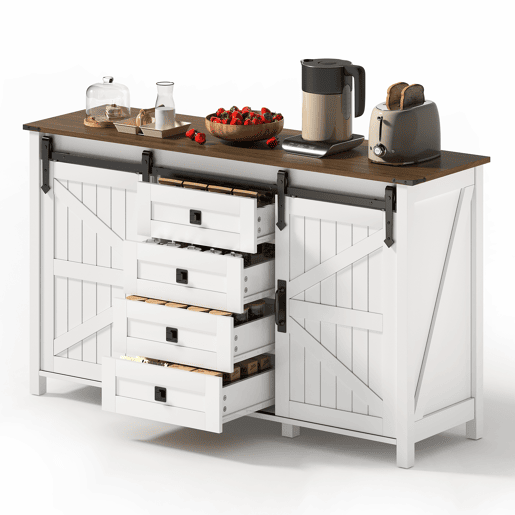Aparador Rústico para Cozinha e Sala de Jantar Móvel Auxiliar de Madeira MDF Buffet Café com 2 Portas de Correr Estilo Celeiro e 4 Gavetas de Arrumação 137x40x81.5cm Branco Aparador Rústico para Cozinha e Sala de Jantar Móvel Auxiliar de Madeira MDF Buffet Café com 2 Portas de Correr Estilo Celeiro e 4 Gavetas de Arrumação 137x40x81.5cm Branco