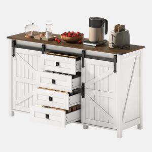 Aparador Rústico para Cozinha e Sala de Jantar Móvel Auxiliar de Madeira MDF Buffet Café com 2 Portas de Correr Estilo Celeiro e 4 Gavetas de Arrumação 137x40x81.5cm Branco