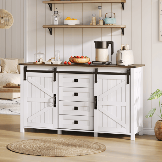 Aparador Rústico para Cozinha e Sala de Jantar Móvel Auxiliar de Madeira MDF Buffet Café com 2 Portas de Correr Estilo Celeiro e 4 Gavetas de Arrumação 137x40x81.5cm Branco Aparador Rústico para Cozinha e Sala de Jantar Móvel Auxiliar de Madeira MDF Buffet Café com 2 Portas de Correr Estilo Celeiro e 4 Gavetas de Arrumação 137x40x81.5cm Branco