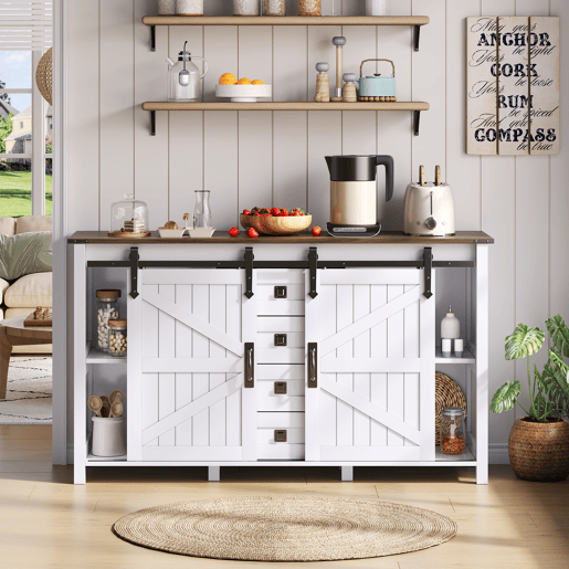 Aparador Rústico para Cozinha e Sala de Jantar Móvel Auxiliar de Madeira MDF Buffet Café com 2 Portas de Correr Estilo Celeiro e 4 Gavetas de Arrumação 137x40x81.5cm Branco Aparador Rústico para Cozinha e Sala de Jantar Móvel Auxiliar de Madeira MDF Buffet Café com 2 Portas de Correr Estilo Celeiro e 4 Gavetas de Arrumação 137x40x81.5cm Branco