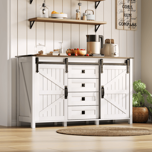 Aparador Rústico para Cozinha e Sala de Jantar Móvel Auxiliar de Madeira MDF Buffet Café com 2 Portas de Correr Estilo Celeiro e 4 Gavetas de Arrumação 137x40x81.5cm Branco Aparador Rústico para Cozinha e Sala de Jantar Móvel Auxiliar de Madeira MDF Buffet Café com 2 Portas de Correr Estilo Celeiro e 4 Gavetas de Arrumação 137x40x81.5cm Branco