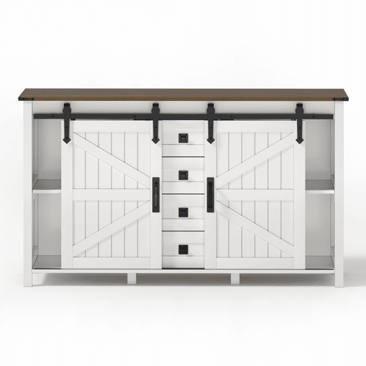 Aparador Rústico para Cozinha e Sala de Jantar Móvel Auxiliar de Madeira MDF Buffet Café com 2 Portas de Correr Estilo Celeiro e 4 Gavetas de Arrumação 137x40x81.5cm Branco Aparador Rústico para Cozinha e Sala de Jantar Móvel Auxiliar de Madeira MDF Buffet Café com 2 Portas de Correr Estilo Celeiro e 4 Gavetas de Arrumação 137x40x81.5cm Branco