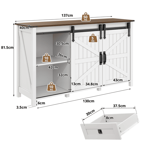 Aparador Rústico para Cozinha e Sala de Jantar Móvel Auxiliar de Madeira MDF Buffet Café com 2 Portas de Correr Estilo Celeiro e 4 Gavetas de Arrumação 137x40x81.5cm Branco Aparador Rústico para Cozinha e Sala de Jantar Móvel Auxiliar de Madeira MDF Buffet Café com 2 Portas de Correr Estilo Celeiro e 4 Gavetas de Arrumação 137x40x81.5cm Branco