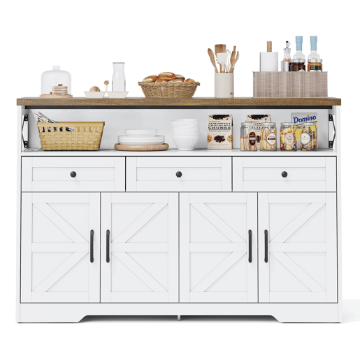 Aparador Rústico para Cozinha e Sala de Jantar Móvel Auxiliar de Madeira MDF Buffet Café com 4 Portas Decorativas X Compartimento Aberto e 3 Gavetas de Arrumação 140x35x95cm Branco
