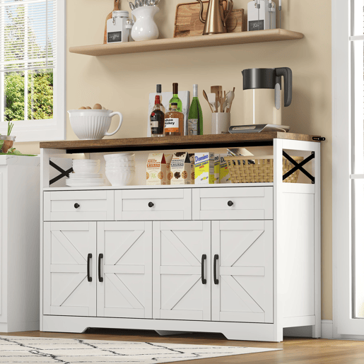 Aparador Rústico para Cozinha e Sala de Jantar Móvel Auxiliar de Madeira MDF Buffet Café com 4 Portas Decorativas X Compartimento Aberto e 3 Gavetas de Arrumação 140x35x95cm Branco