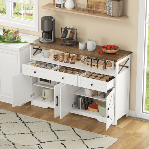 Aparador Rústico para Cozinha e Sala de Jantar Móvel Auxiliar de Madeira MDF Buffet Café com 4 Portas Decorativas X Compartimento Aberto e 3 Gavetas de Arrumação 140x35x95cm Branco