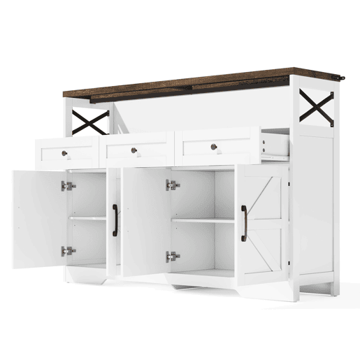 Aparador Rústico para Cozinha e Sala de Jantar Móvel Auxiliar de Madeira MDF Buffet Café com 4 Portas Decorativas X Compartimento Aberto e 3 Gavetas de Arrumação 140x35x95cm Branco