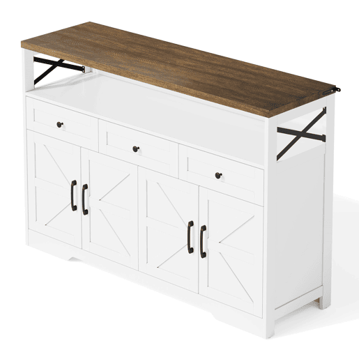 Aparador Rústico para Cozinha e Sala de Jantar Móvel Auxiliar de Madeira MDF Buffet Café com 4 Portas Decorativas X Compartimento Aberto e 3 Gavetas de Arrumação 140x35x95cm Branco