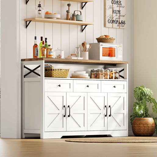 Aparador Rústico para Cozinha e Sala de Jantar Móvel Auxiliar de Madeira MDF Buffet Café com 4 Portas Decorativas X Compartimento Aberto e 3 Gavetas de Arrumação 140x35x95cm Branco