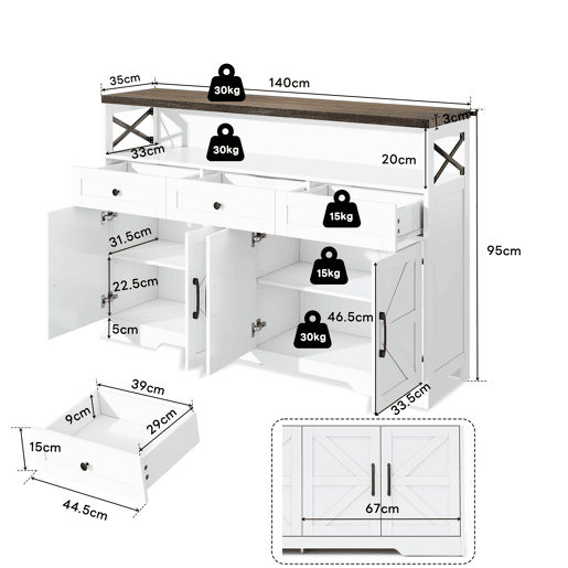 Aparador Rústico para Cozinha e Sala de Jantar Móvel Auxiliar de Madeira MDF Buffet Café com 4 Portas Decorativas X Compartimento Aberto e 3 Gavetas de Arrumação 140x35x95cm Branco