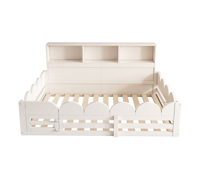 Cama infantil 140x190 - con barandilla y puerta, con estantería, área de juego segura - blanco