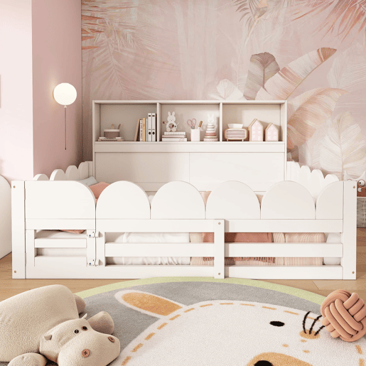 Cama infantil 140x190 - com grades e porta, com prateleira, área de brincar segura - Branco Cama infantil 140x190 - com grades e porta, com prateleira, área de brincar segura - Branco