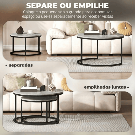 HOMCOM Conjunto de 2 Mesas de Centro Mesas Ninho Modernas Mesas Auxiliares Redondas Tampo com Efeito Mármore Estrutura Metálica para Sala Quarto Cinza