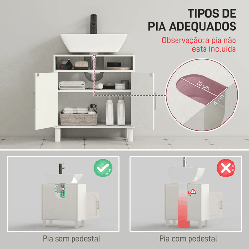 HOMCOM Móvel debaixo de Lavatório com Prateleira Ajustável, 60x30x63 cm, Branco Creme