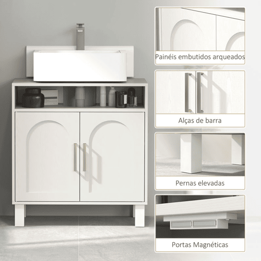 HOMCOM Móvel debaixo de Lavatório com Prateleira Ajustável, 60x30x63 cm, Branco Creme