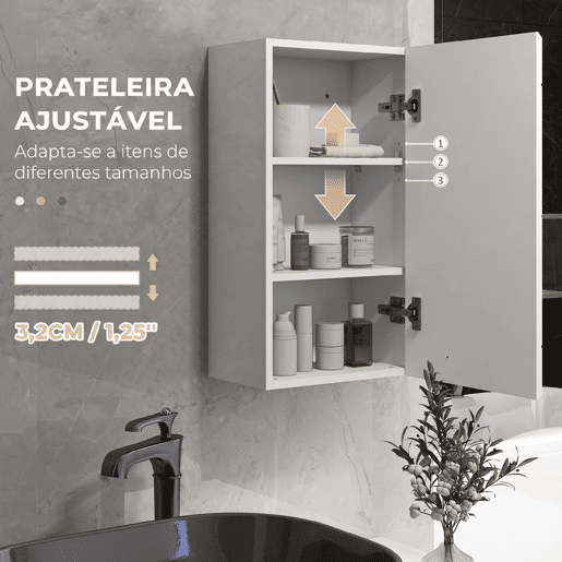 kleankin Armário de Casa de Banho de Parede, Móvel Suspenso com Prateleira Ajustável, para Cozinha, Lavandaria, Quarto, Branco Brilhante