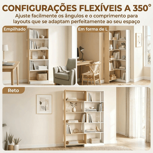 HOMCOM Estante Expansível 5 Níveis Estante para Livros Giratória 350° Largura Ajustável Convertível em L Reta ou Compacta para Sala Quarto Escritório 111,5x23,8x163,7 cm Madeira e Branco HOMCOM Estante Expansível 5 Níveis Estante para Livros Giratória 350° Largura Ajustável Convertível em L Reta ou Compacta para Sala Quarto Escritório 111,5x23,8x163,7 cm Madeira e Branco