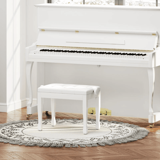 HOMCOM Banco de Piano, Altura Ajustável, Banco de Piano com Assento em Couro Sintético, Patas de Madeira, Suporta até 200 kg, 64x35x55 cm, Branco