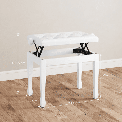 HOMCOM Banco de Piano, Altura Ajustável, Banco de Piano com Assento em Couro Sintético, Patas de Madeira, Suporta até 200 kg, 64x35x55 cm, Branco