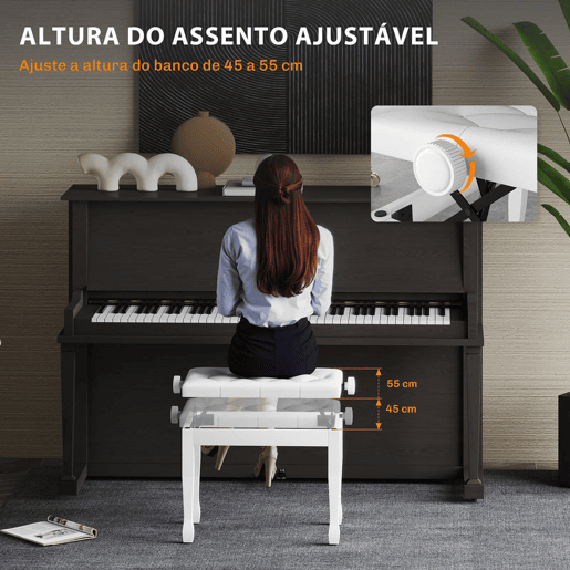 HOMCOM Banco de Piano, Altura Ajustável, Banco de Piano com Assento em Couro Sintético, Patas de Madeira, Suporta até 200 kg, 64x35x55 cm, Branco