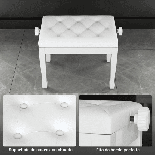 HOMCOM Banco de Piano, Altura Ajustável, Banco de Piano com Assento em Couro Sintético, Patas de Madeira, Suporta até 200 kg, 64x35x55 cm, Branco