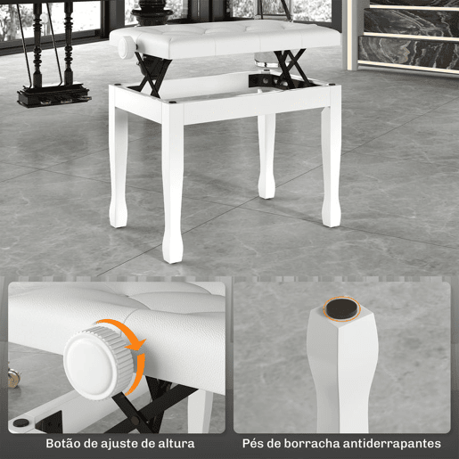 HOMCOM Banco de Piano, Altura Ajustável, Banco de Piano com Assento em Couro Sintético, Patas de Madeira, Suporta até 200 kg, 64x35x55 cm, Branco
