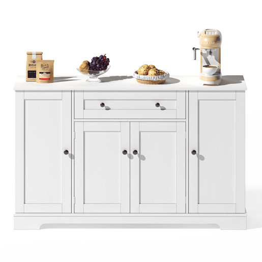 Aparador Rústico para Cozinha e Sala de Jantar Móvel Auxiliar de Madeira MDF Buffet de Arrumação com 4 Portas Prateleiras Ajustáveis e 1 Gaveta Grande 138cm Branco Aparador Rústico para Cozinha e Sala de Jantar Móvel Auxiliar de Madeira MDF Buffet de Arrumação com 4 Portas Prateleiras Ajustáveis e 1 Gaveta Grande 138cm Branco