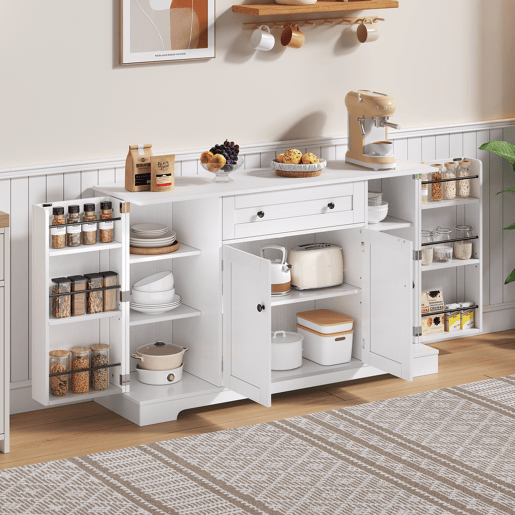 Aparador Rústico para Cozinha e Sala de Jantar Móvel Auxiliar de Madeira MDF Buffet de Arrumação com 4 Portas Prateleiras Ajustáveis e 1 Gaveta Grande 138cm Branco Aparador Rústico para Cozinha e Sala de Jantar Móvel Auxiliar de Madeira MDF Buffet de Arrumação com 4 Portas Prateleiras Ajustáveis e 1 Gaveta Grande 138cm Branco