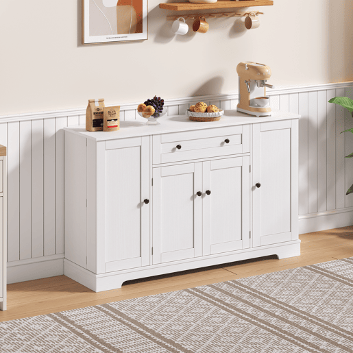 Aparador Rústico para Cozinha e Sala de Jantar Móvel Auxiliar de Madeira MDF Buffet de Arrumação com 4 Portas Prateleiras Ajustáveis e 1 Gaveta Grande 138cm Branco Aparador Rústico para Cozinha e Sala de Jantar Móvel Auxiliar de Madeira MDF Buffet de Arrumação com 4 Portas Prateleiras Ajustáveis e 1 Gaveta Grande 138cm Branco