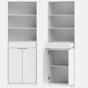 Armário Alto para Casa de Banho HOMCOM 171 cm, Móvel Estreito com 3 Prateleiras Abertas, Gaveta Canelada, Prateleira Ajustável e Portas com Fecho Suave, Branco