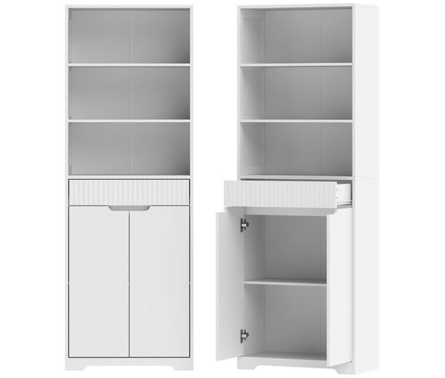 Homcom armario alto de baño, mueble de baño estrecho con 3 estantes abiertos, cajón acanalado, estante ajustable y puertas de cierre suave, para