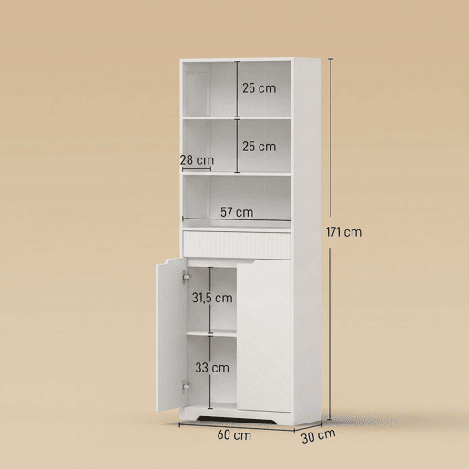 Armário Alto para Casa de Banho HOMCOM 171 cm, Móvel Estreito com 3 Prateleiras Abertas, Gaveta Canelada, Prateleira Ajustável e Portas com Fecho Suave, Branco