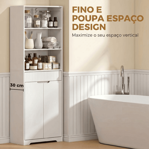 Armário Alto para Casa de Banho HOMCOM 171 cm, Móvel Estreito com 3 Prateleiras Abertas, Gaveta Canelada, Prateleira Ajustável e Portas com Fecho Suave, Branco