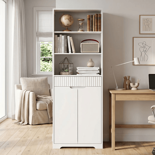 Armário Alto para Casa de Banho HOMCOM 171 cm, Móvel Estreito com 3 Prateleiras Abertas, Gaveta Canelada, Prateleira Ajustável e Portas com Fecho Suave, Branco