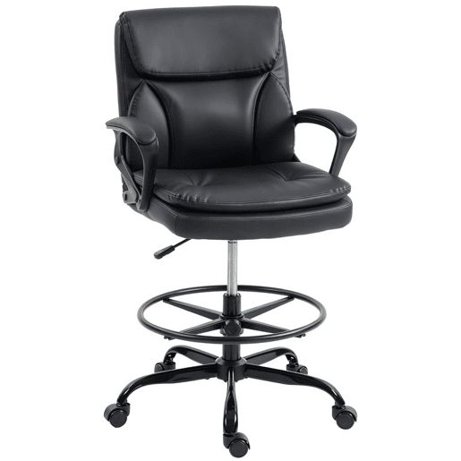 HOMCOM Cadeira Alta de Escritório, Cadeira de Desenho Ergonómica com Descanso para os Pés Ajustável, Altura Regulável, Rodas Giratórias, Estofada em PVC para Escritório, Estúdio, Preto HOMCOM Cadeira Alta de Escritório, Cadeira de Desenho Ergonómica com Descanso para os Pés Ajustável, Altura Regulável, Rodas Giratórias, Estofada em PVC para Escritório, Estúdio, Preto