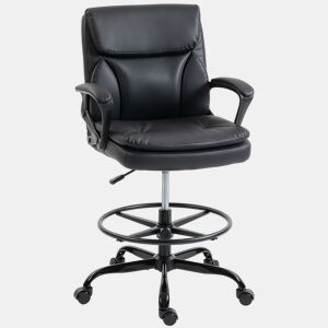 HOMCOM Cadeira Alta de Escritório, Cadeira de Desenho Ergonómica com Descanso para os Pés Ajustável, Altura Regulável, Rodas Giratórias, Estofada em PVC para Escritório, Estúdio, Preto