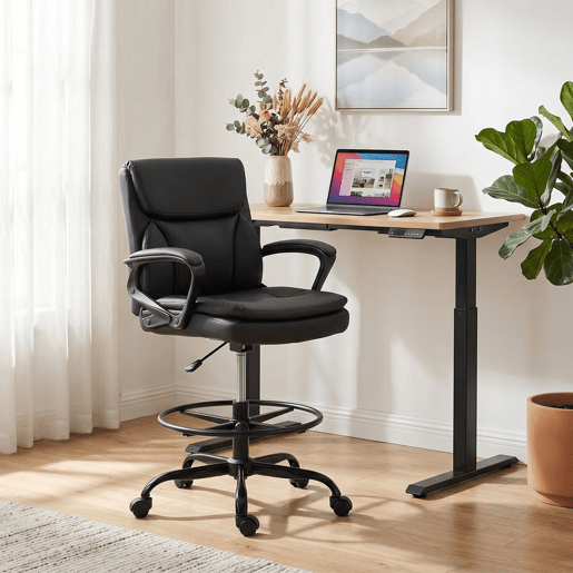 HOMCOM Cadeira Alta de Escritório, Cadeira de Desenho Ergonómica com Descanso para os Pés Ajustável, Altura Regulável, Rodas Giratórias, Estofada em PVC para Escritório, Estúdio, Preto HOMCOM Cadeira Alta de Escritório, Cadeira de Desenho Ergonómica com Descanso para os Pés Ajustável, Altura Regulável, Rodas Giratórias, Estofada em PVC para Escritório, Estúdio, Preto
