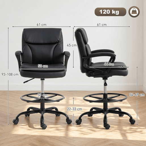 HOMCOM Cadeira Alta de Escritório, Cadeira de Desenho Ergonómica com Descanso para os Pés Ajustável, Altura Regulável, Rodas Giratórias, Estofada em PVC para Escritório, Estúdio, Preto HOMCOM Cadeira Alta de Escritório, Cadeira de Desenho Ergonómica com Descanso para os Pés Ajustável, Altura Regulável, Rodas Giratórias, Estofada em PVC para Escritório, Estúdio, Preto