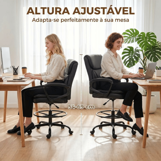 HOMCOM Cadeira Alta de Escritório, Cadeira de Desenho Ergonómica com Descanso para os Pés Ajustável, Altura Regulável, Rodas Giratórias, Estofada em PVC para Escritório, Estúdio, Preto HOMCOM Cadeira Alta de Escritório, Cadeira de Desenho Ergonómica com Descanso para os Pés Ajustável, Altura Regulável, Rodas Giratórias, Estofada em PVC para Escritório, Estúdio, Preto
