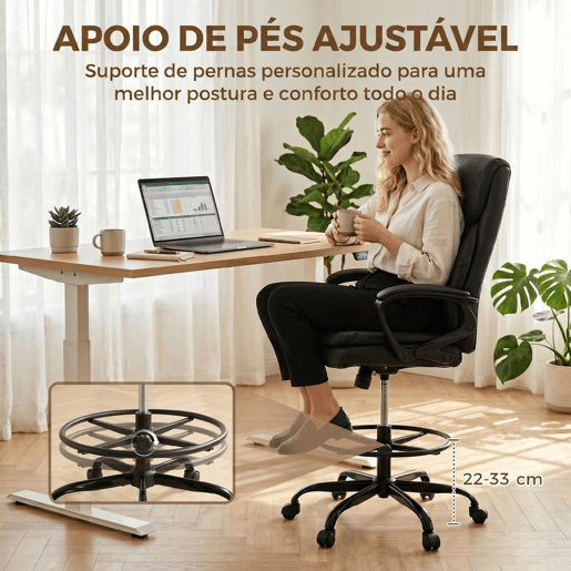 HOMCOM Cadeira Alta de Escritório, Cadeira de Desenho Ergonómica com Descanso para os Pés Ajustável, Altura Regulável, Rodas Giratórias, Estofada em PVC para Escritório, Estúdio, Preto HOMCOM Cadeira Alta de Escritório, Cadeira de Desenho Ergonómica com Descanso para os Pés Ajustável, Altura Regulável, Rodas Giratórias, Estofada em PVC para Escritório, Estúdio, Preto